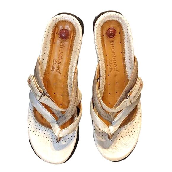 Clarks Unstructured Strappy Thong Sandals Slip On Leather White Womens Size 8M - Picture 1 of 5